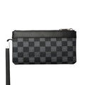 Black leather plaid men's wallet showing cowhide texture and compact 20cm size
