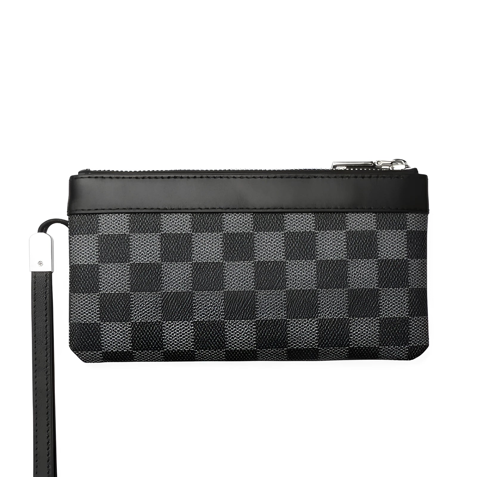 Black leather plaid men's wallet showing cowhide texture and compact 20cm size