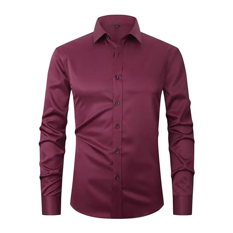 Men's stretch long sleeve work shirt in polyester fibre, showing colour options and sizing details.