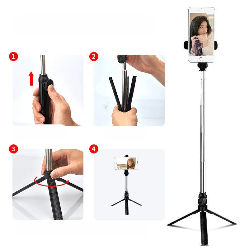Black Bluetooth selfie stick with extended tripod legs and a phone clip rotated for horizontal filming.