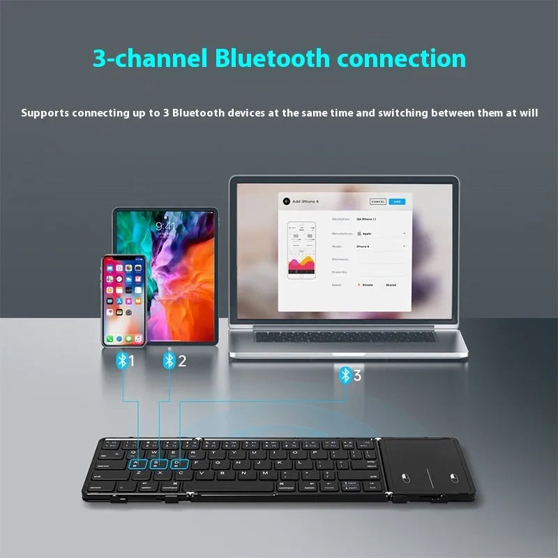 Black folding Bluetooth keyboard with either touchpad or digital board accessory for mobile phones and tablets
