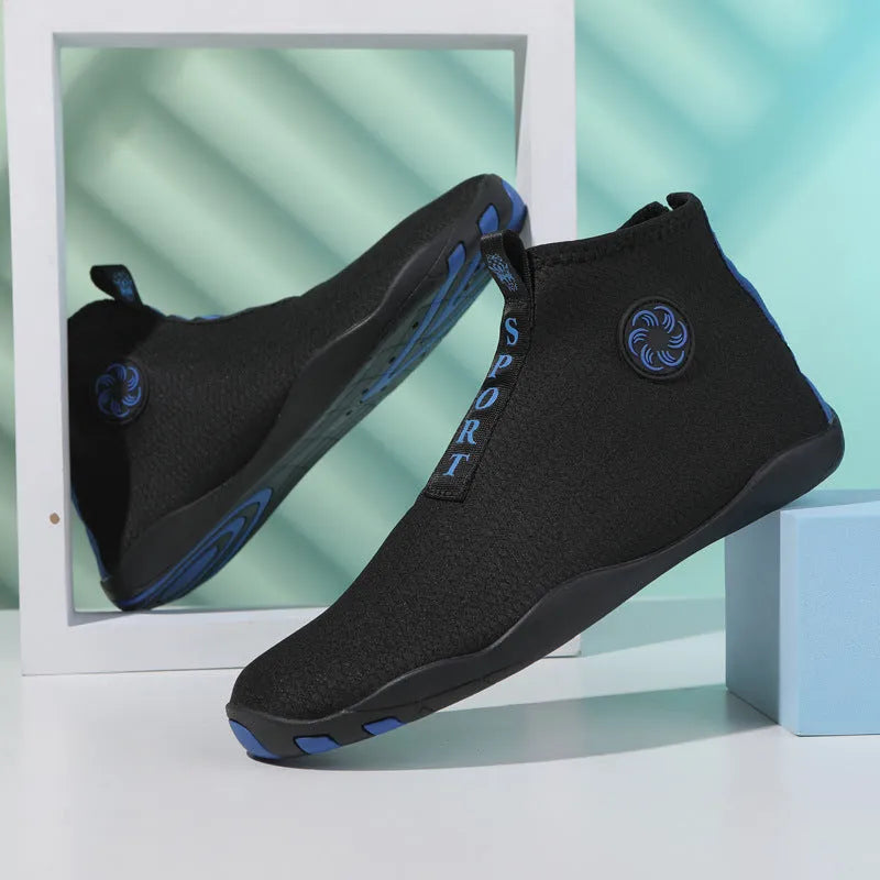 Mid-top quick-dry mesh beach shoe with non-slip rubber sole in black and fluorescent green.