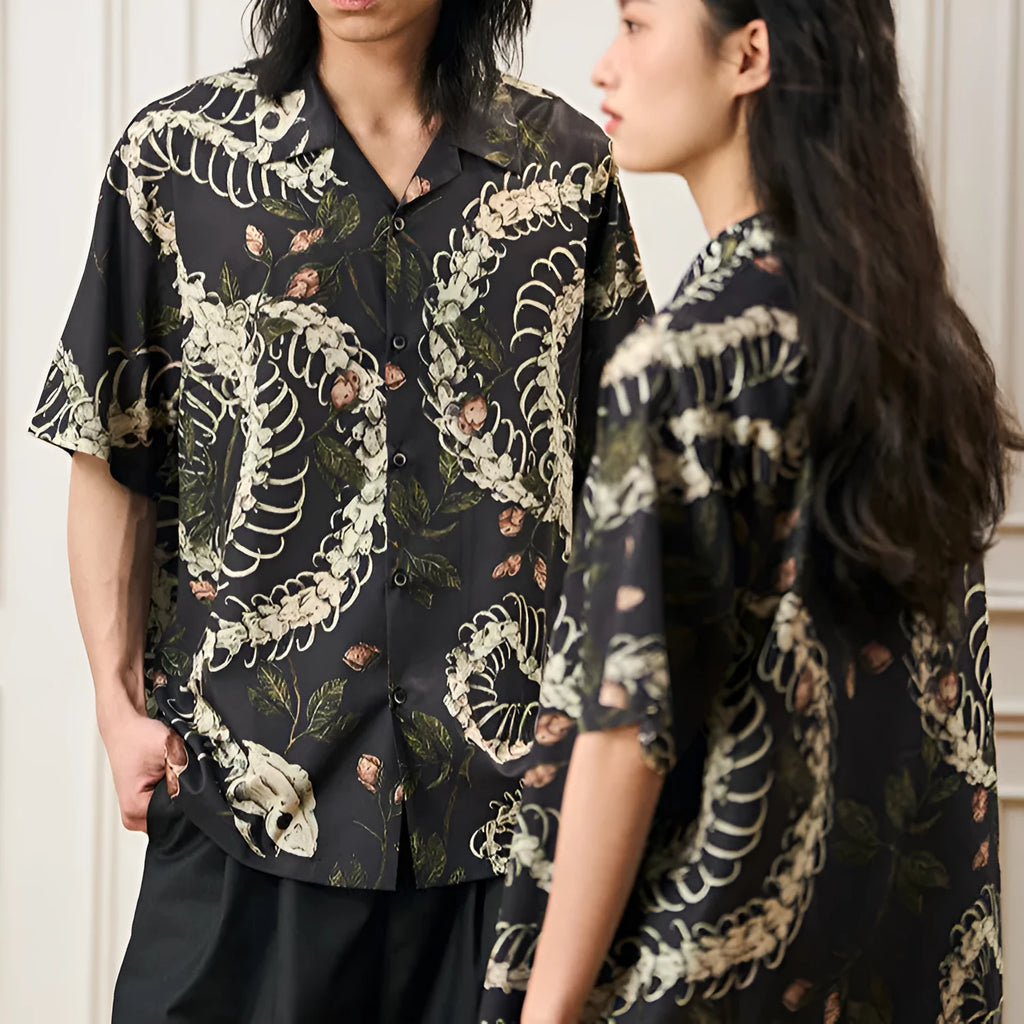 Snake bone pattern printed Cuban collar short sleeve shirt in loose cardigan styling