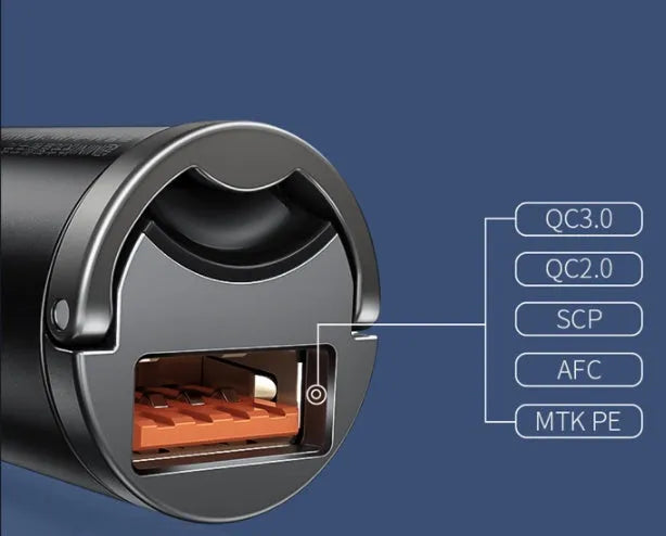 Grey Baseus 30W single USB car charger with 1 metre cable on a car dashboard