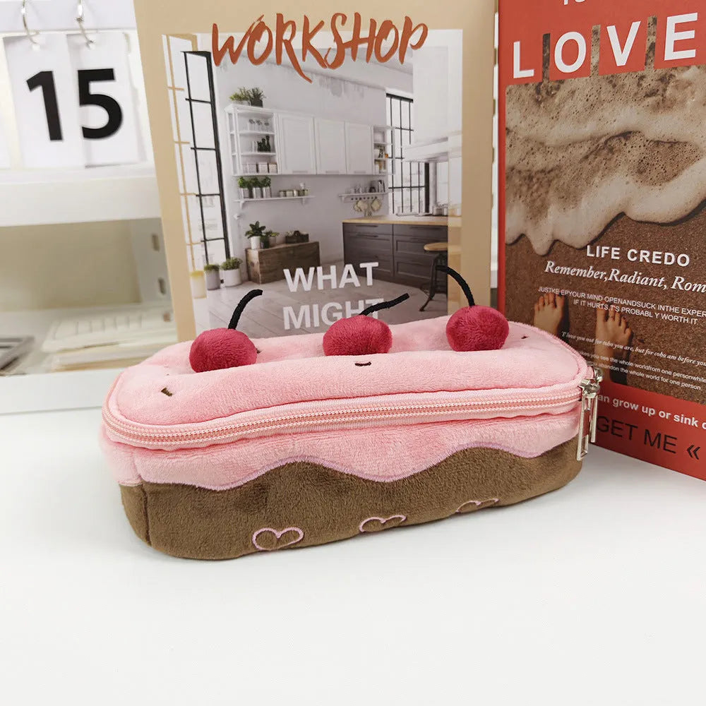 Korean style velvet pencil bag with cherry cake plush design