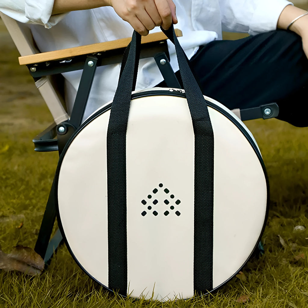 Portable stainless steel campfire grill with detachable parts, charcoal bowl, ash tray, and storage bag, white, 31cm