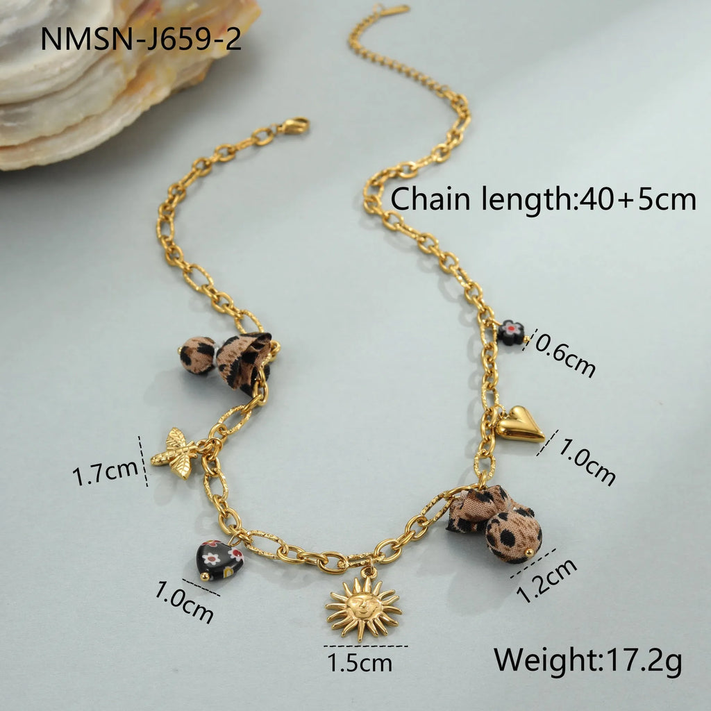 Women's stainless steel necklace with geometric leopard love heart flowers pendant on adjustable chain
