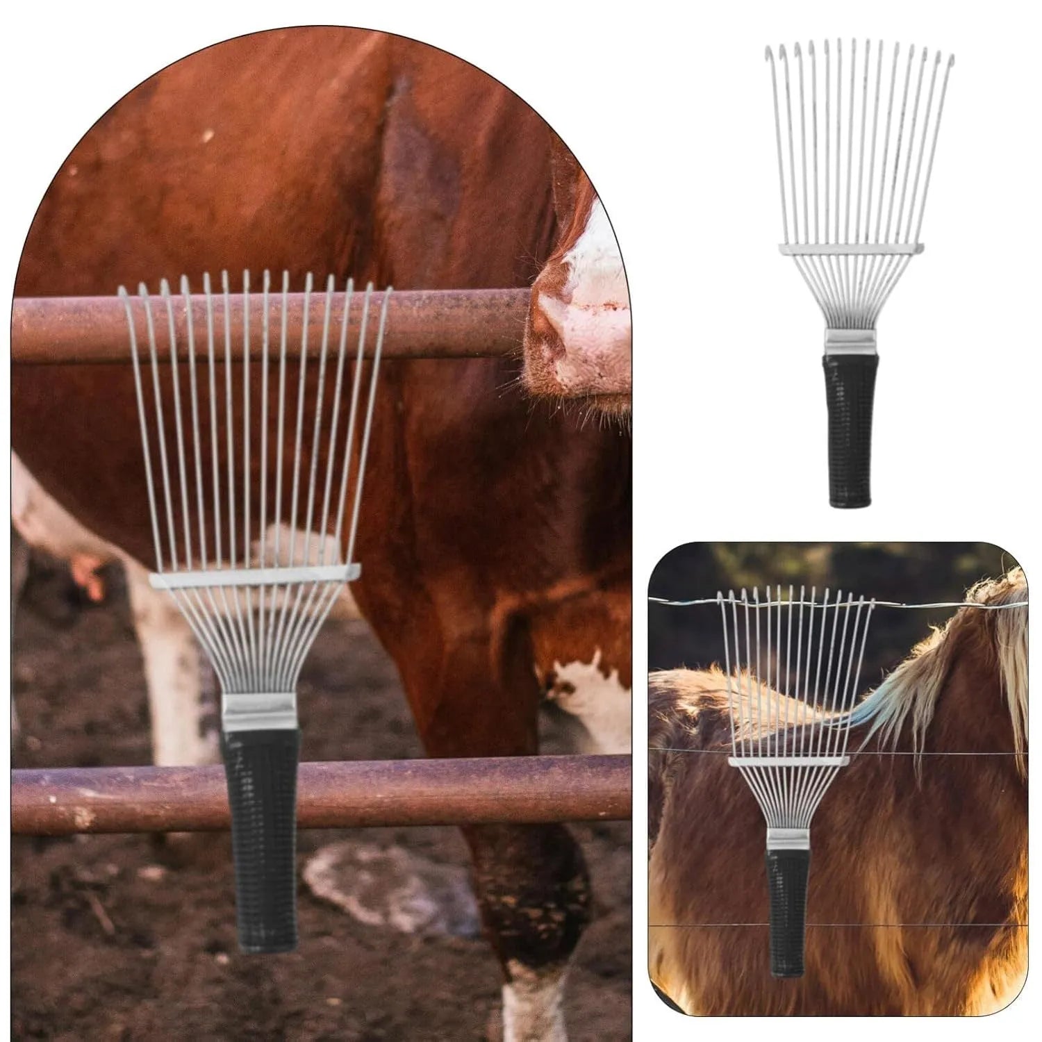 Black stainless steel pet grooming rake comb with metal teeth for horse, dog, and cattle grooming.