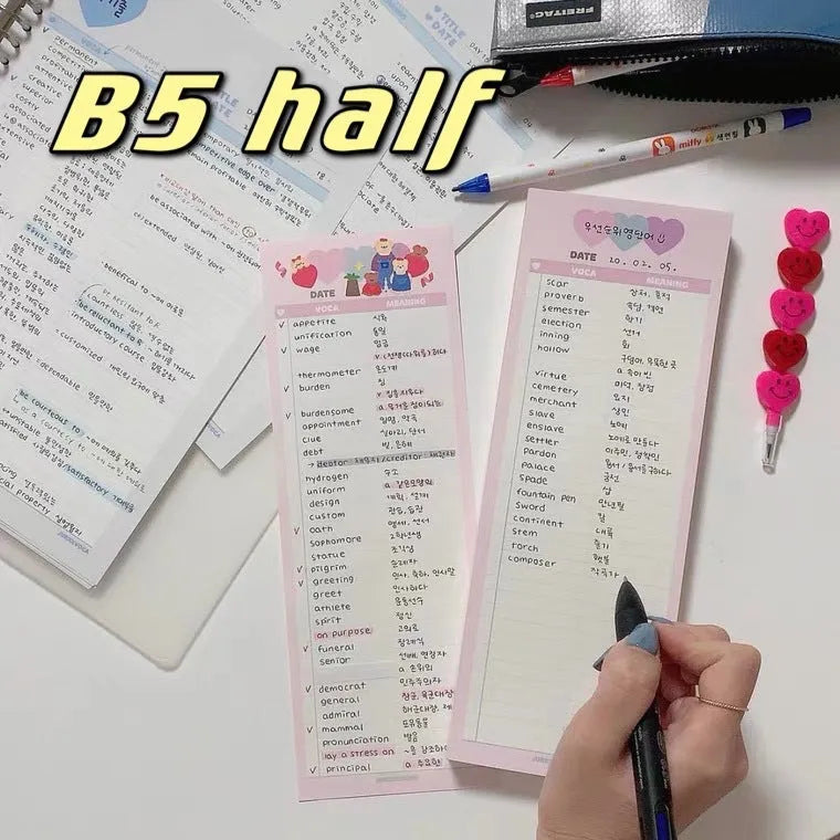 B5 half-size English learning notepad with double-sided printing in choice of pink, purple or blue cover