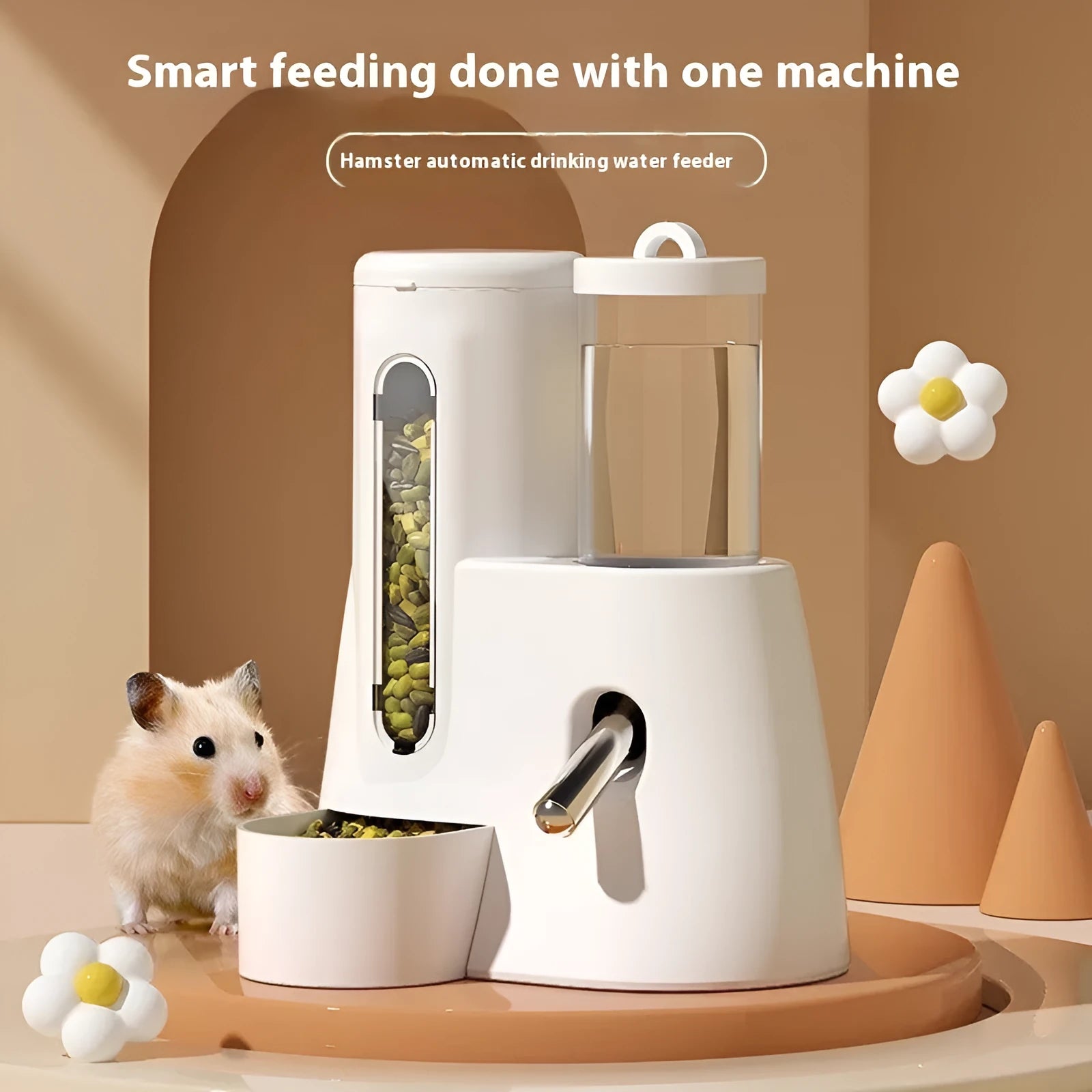 White, blue, and pink hamster automatic water feeder and food basin for cage.