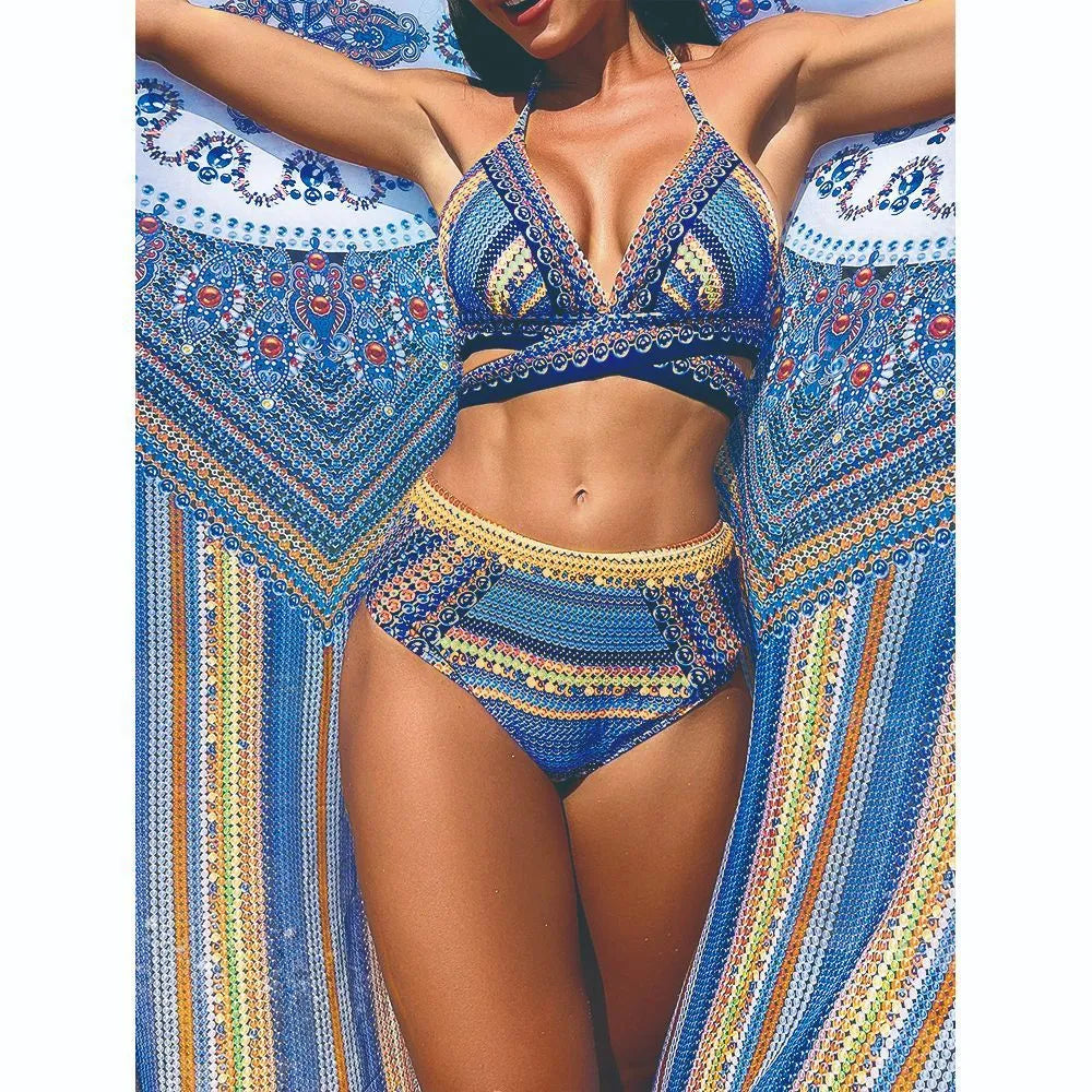 Women's cross bandage bikini swimsuit three-piece set with high waist and split veils detail