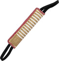 Beige woven jute dog tug toy with two fabric handles on a grey background.