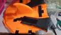 Shark dog life vest in blue or orange cloth with buckle, sizes XS to XXL