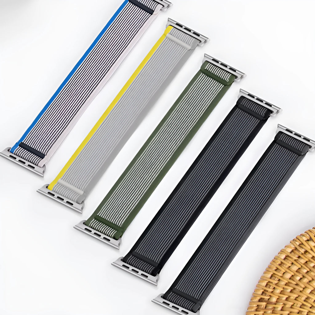 Nylon single-ring watch strap for Apple Watch in multiple colour variations on a grey background.