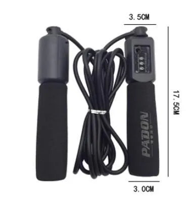 Black and blue skipping rope with sponge handles laid straight to show its 3-metre length.
