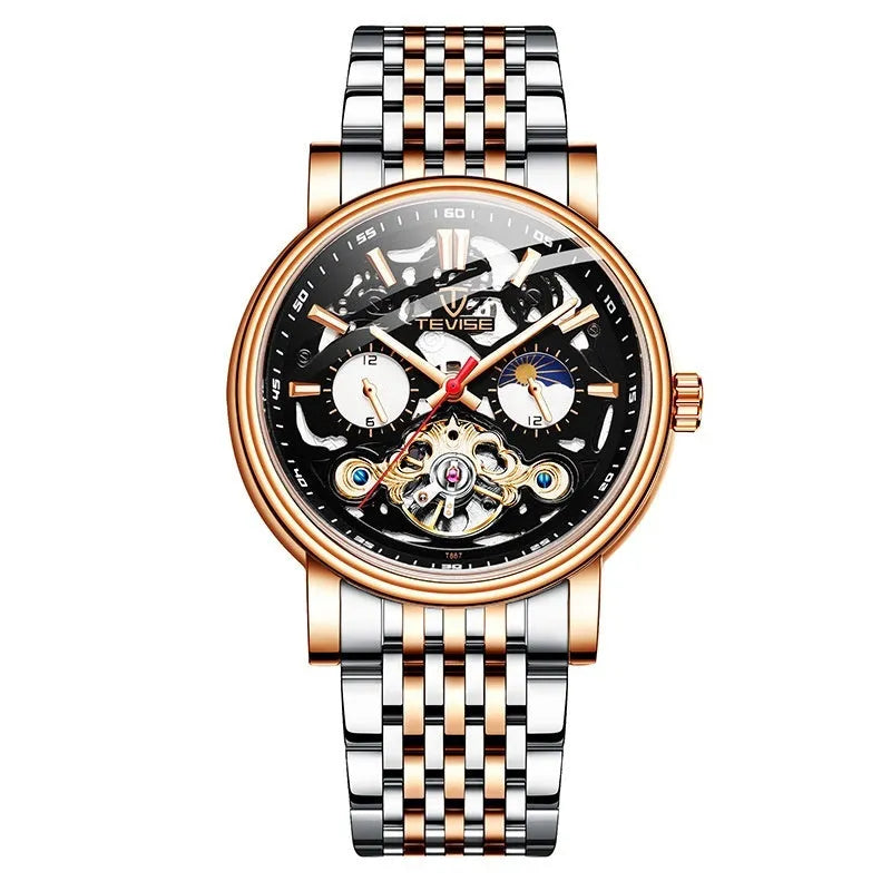 Tourbillon mechanical watch with water resistance, luminous elements, and 16.5mm thickness in black colour