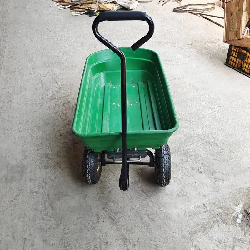 Green four-wheel plastic dump truck with steel PP frame for agricultural material transport