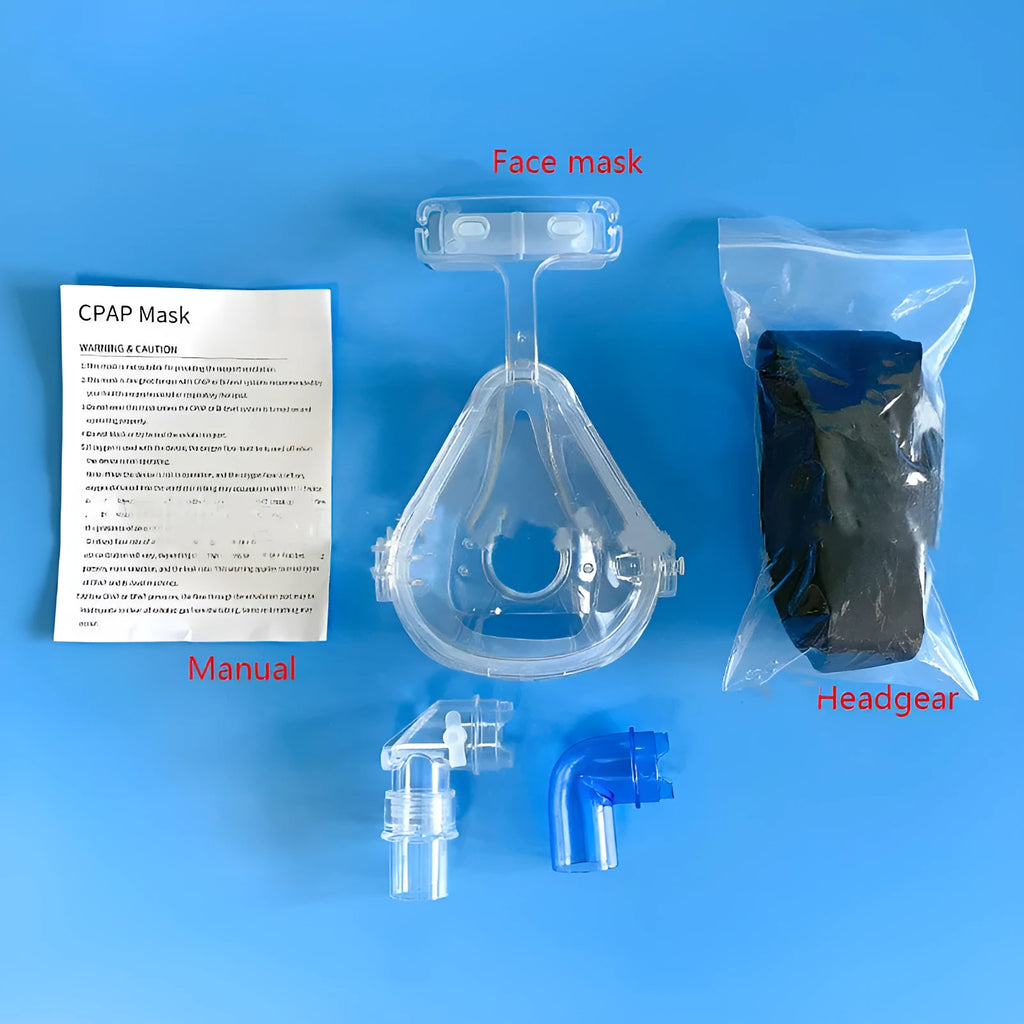 Transparent CPAP breathing mask with silicone construction and rotary elbow adapters for ventilator connection
