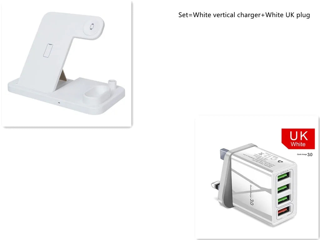 4-in-1 wireless charging station showing phone, Apple Watch, and AirPods charging on adjustable magnetic stand.