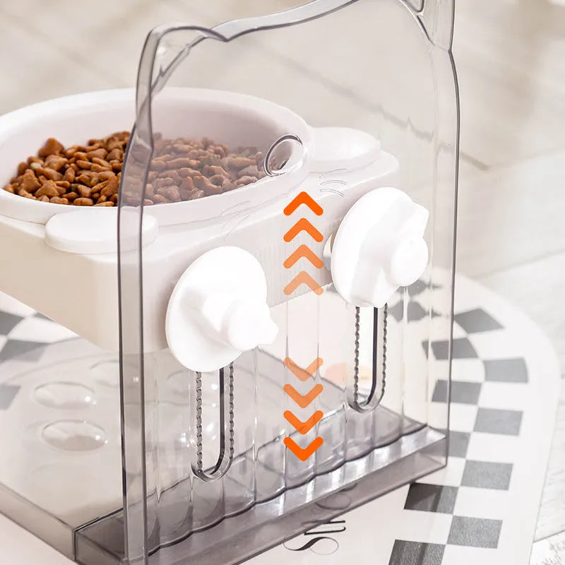 Grey adjustable height cat feeding bowl with anti-spill design and removable hanging cage