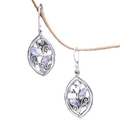 Women's silver alloy earrings with leaf designs and embedded colourful moonstones