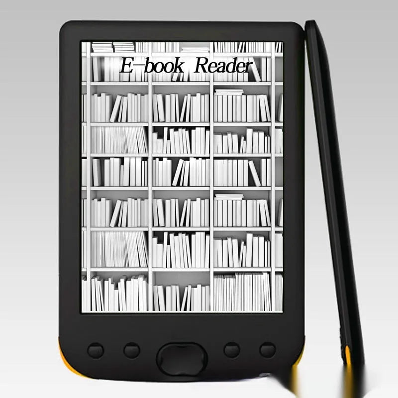 Black 6-inch E-ink e-book reader on a table showing its screen and compact size.