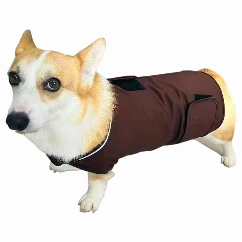 Dog wearing a brown brocade cotton blend anxiety relief tank top for soothing separation stress.