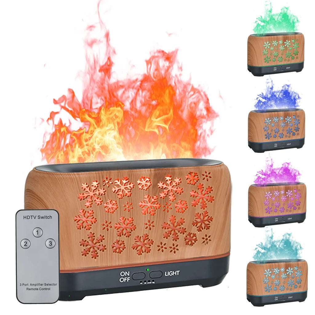 Snowflake pattern aromatherapy humidifier with colourful LED flame effects and remote control