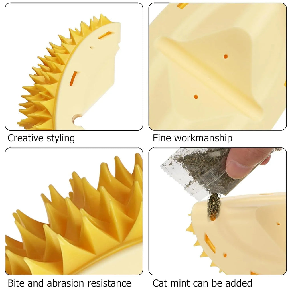 Yellow durian-shaped cat corner scratcher with massage comb texture mounted on a wall.