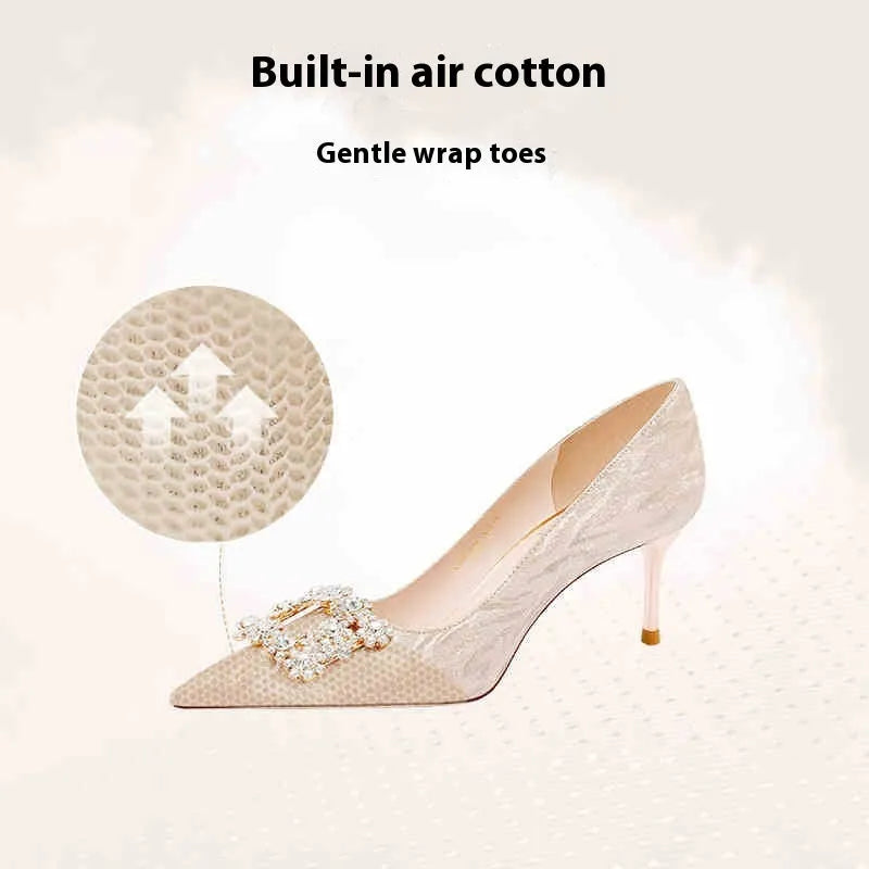 Champagne gold pointed-toe stiletto pumps with rhinestone decoration and stiletto heel