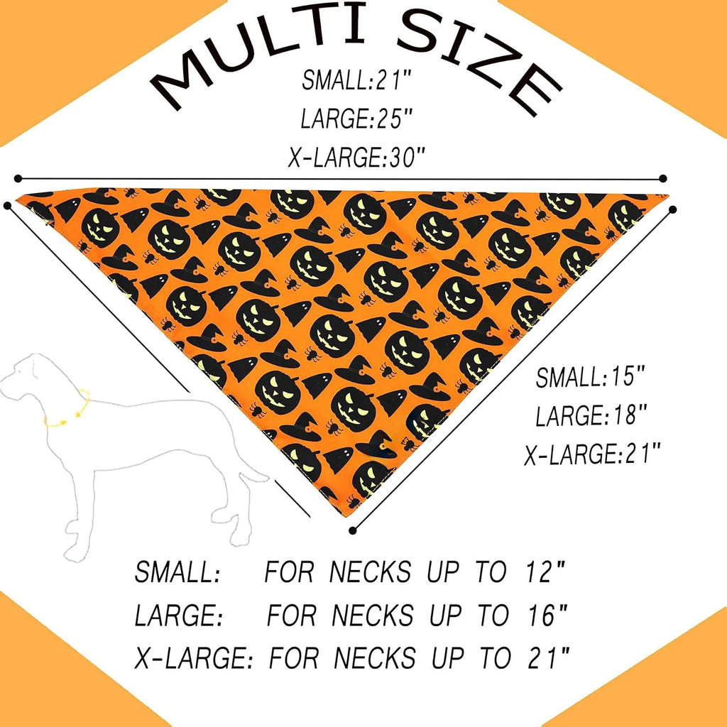 Black and orange reversible Halloween dog bandana with pumpkin and spider web patterns, showing adjustable fastening.