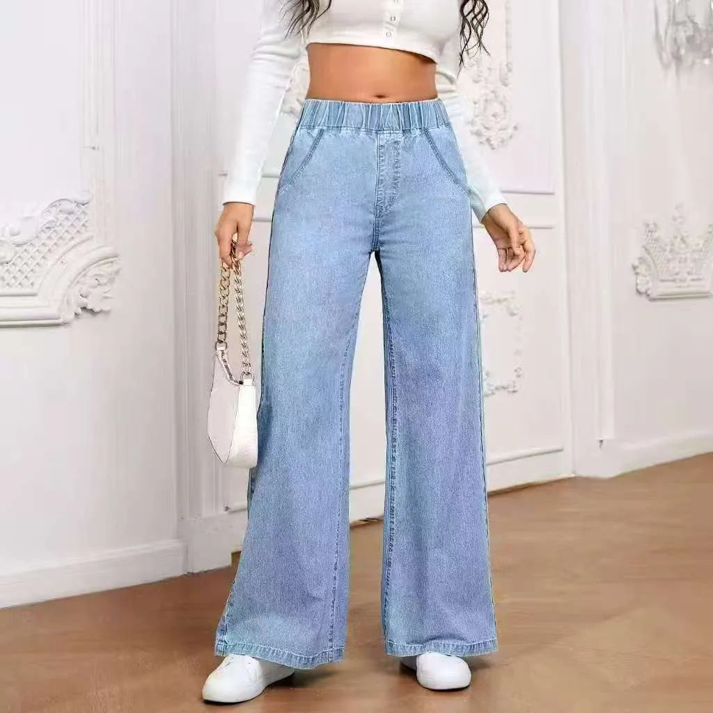 Light blue washed wide-leg jeans on a hanger, showing the straight-leg silhouette and mid-waist design.