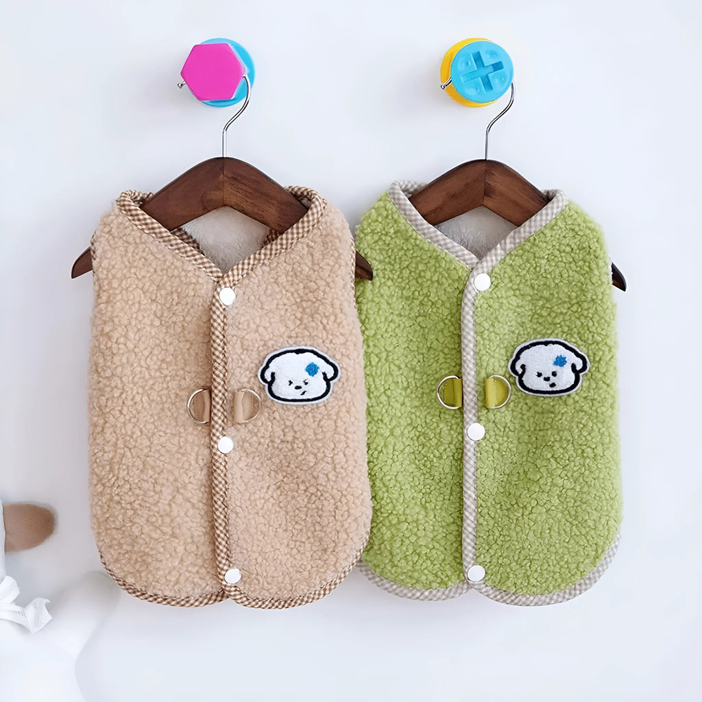 Green coral fleece dog sweatshirt vest with leash ring for small pets