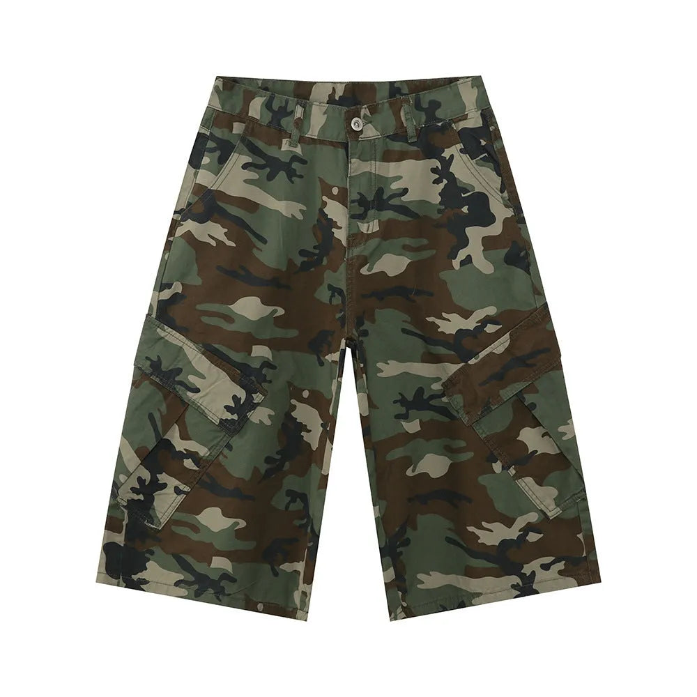 Men's camouflage pattern cotton trousers with wide leg loose fit and visible side stitching