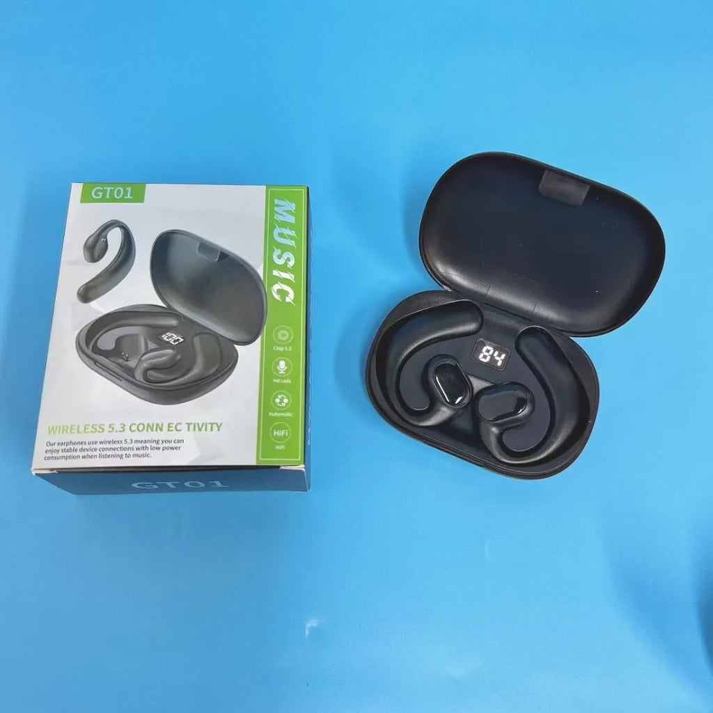 Black or white ear-mounted Bluetooth headset with digital display screen, shown with charging cable