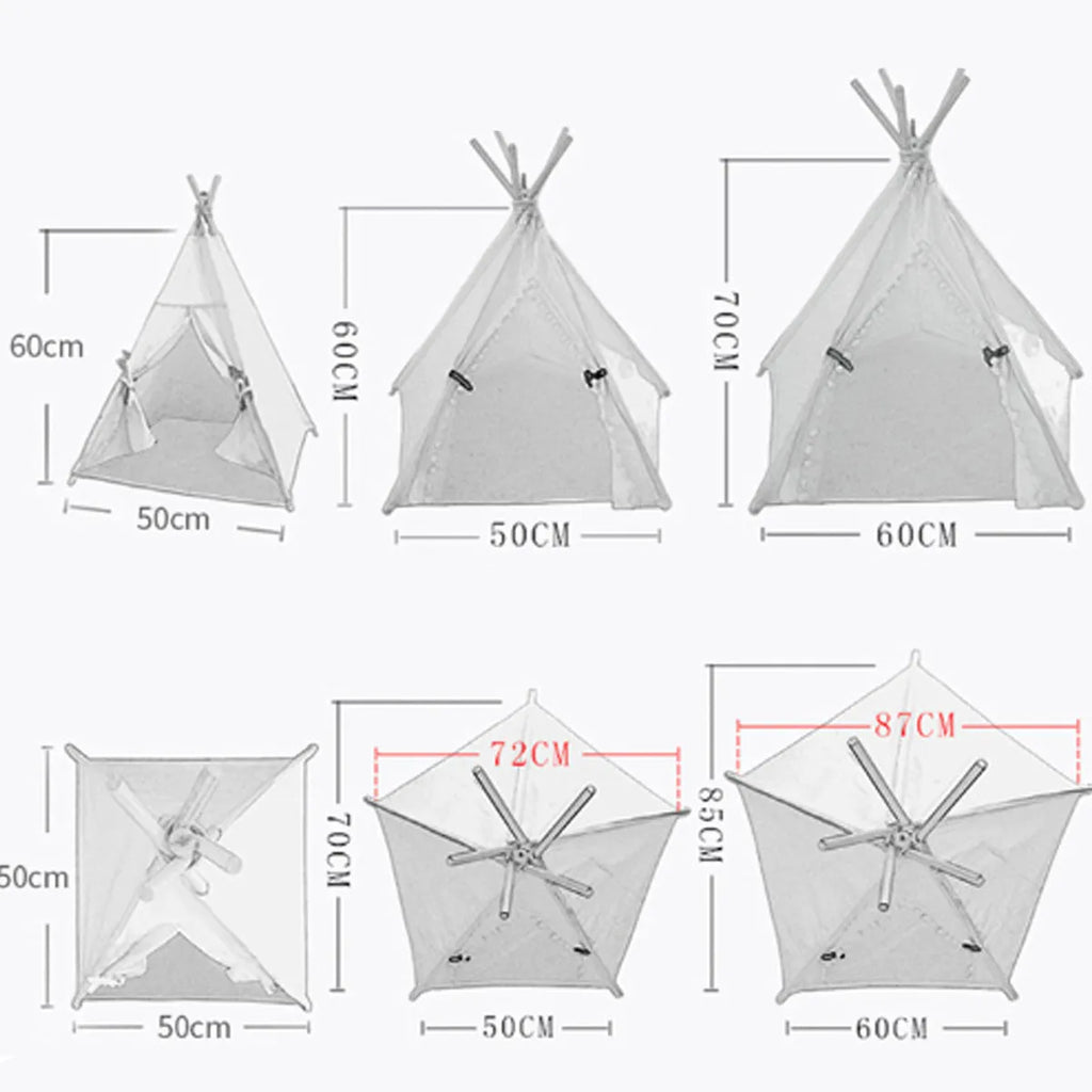 Striped pet teepee tent for small dogs or cats with cushion inside, shown in white colour.