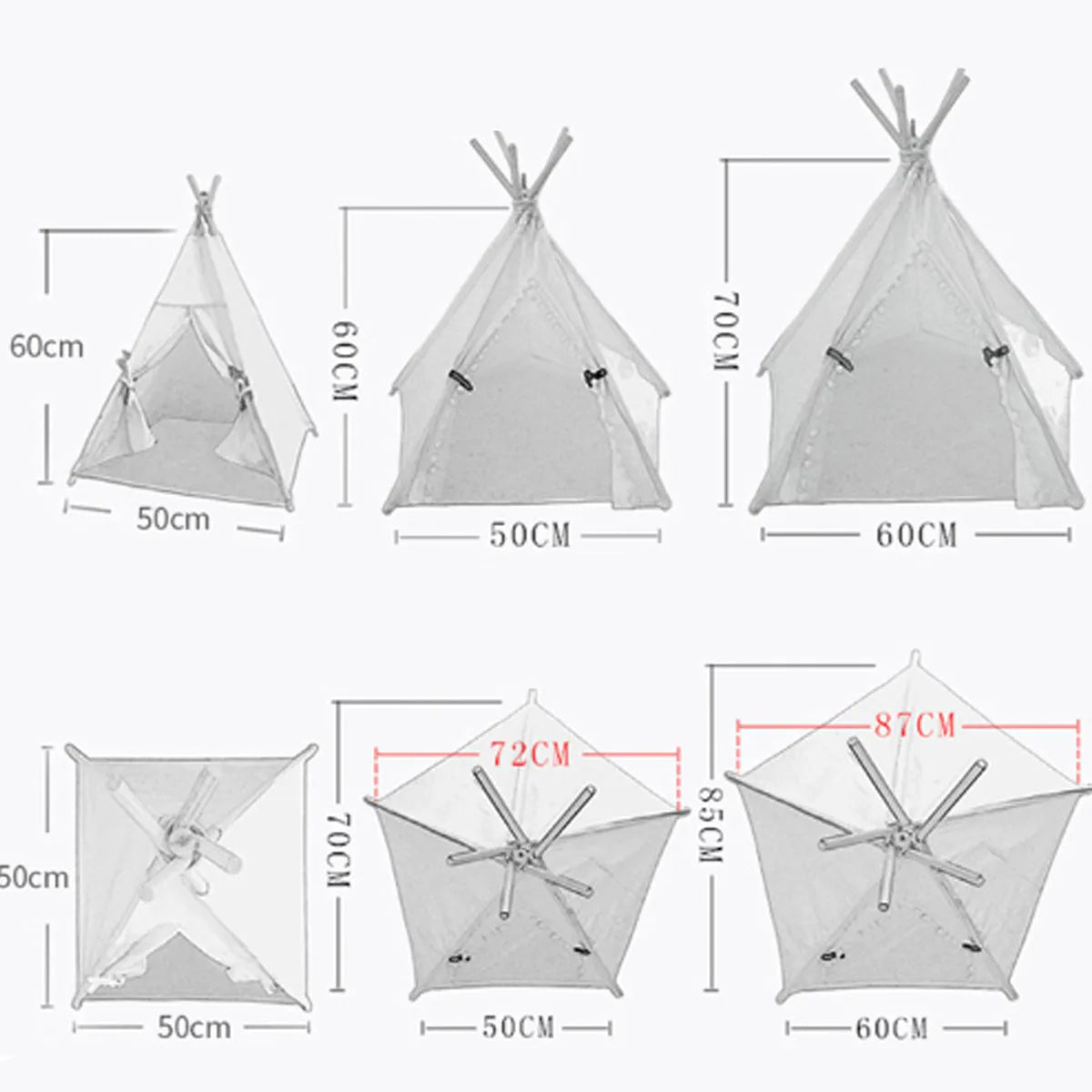 Striped pet teepee tent for small dogs or cats with cushion inside, shown in white colour.