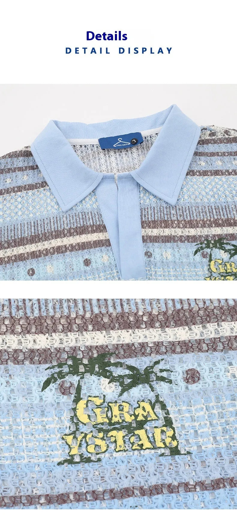 Men's blue printed short sleeve shirt with elastic band fabric on hanger