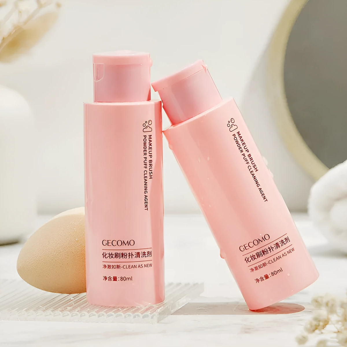 Makeup brush cleaner set with 80ml liquid bottle and 75ml spray bottle for beauty blenders and powder puffs