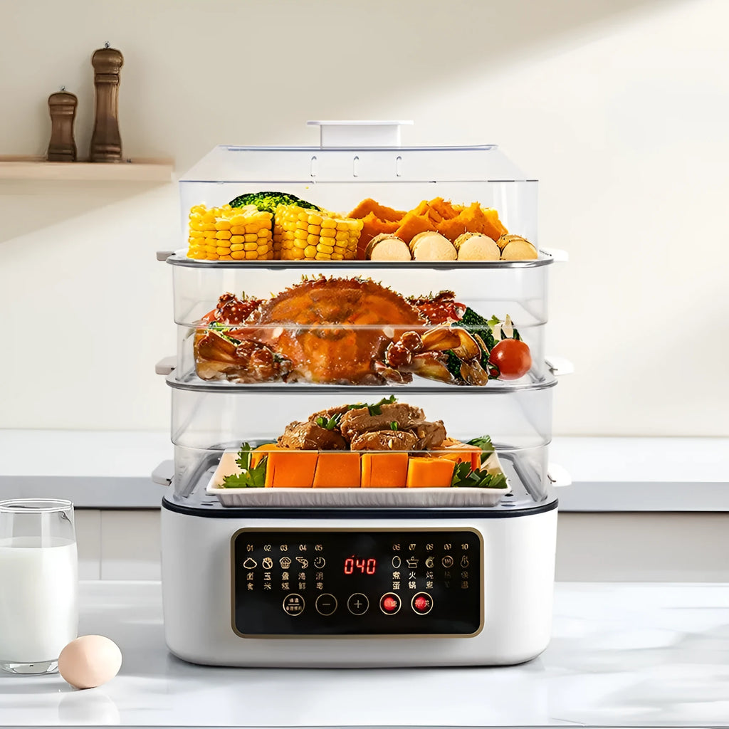 28-litre capacity electric steamer with stainless steel steaming rack and automatic measuring function.