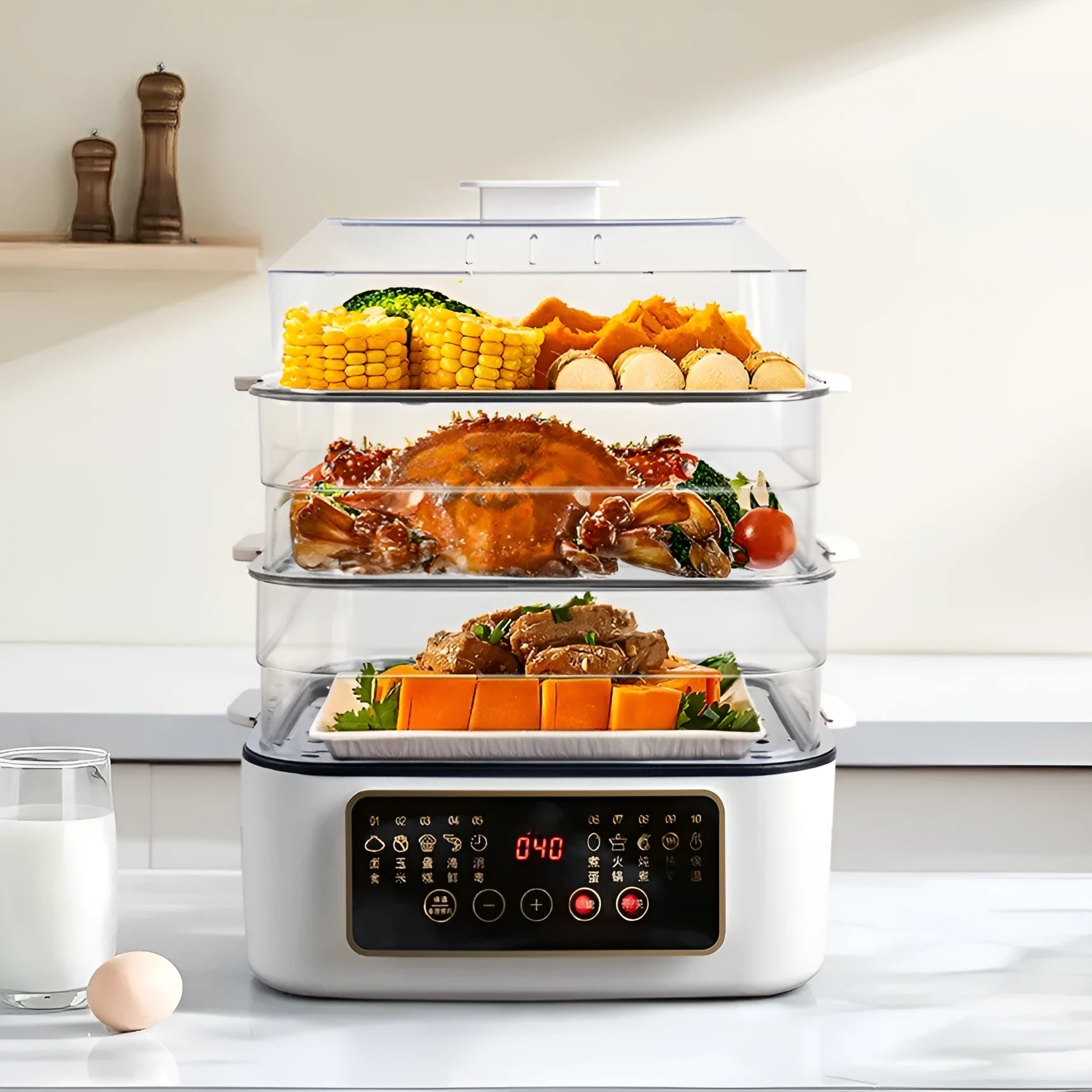 28-litre capacity electric steamer with stainless steel steaming rack and automatic measuring function.