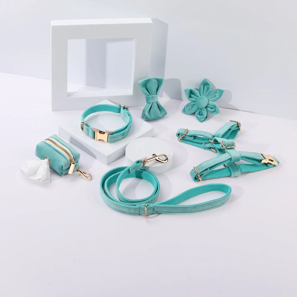 Classic velvet soft pet collar and traction rope set with chest strap, bow tie, flower and toilet bag accessories