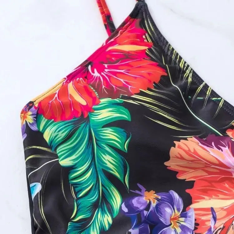 Women's black high waist briefs printed split bikini for athletic activities