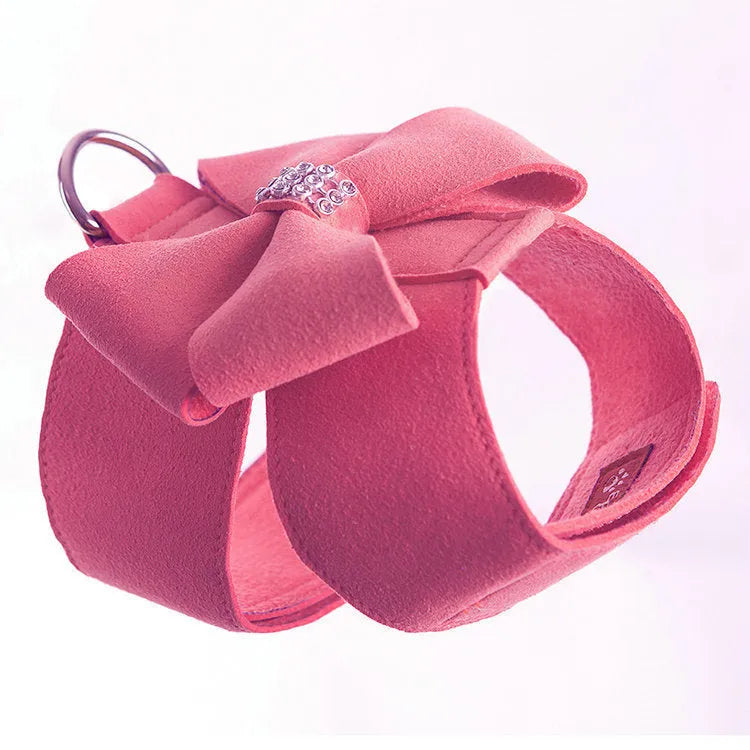 Puppy chest strap harness with bowknot design in microfiber, available in pink, blue, and orange colours