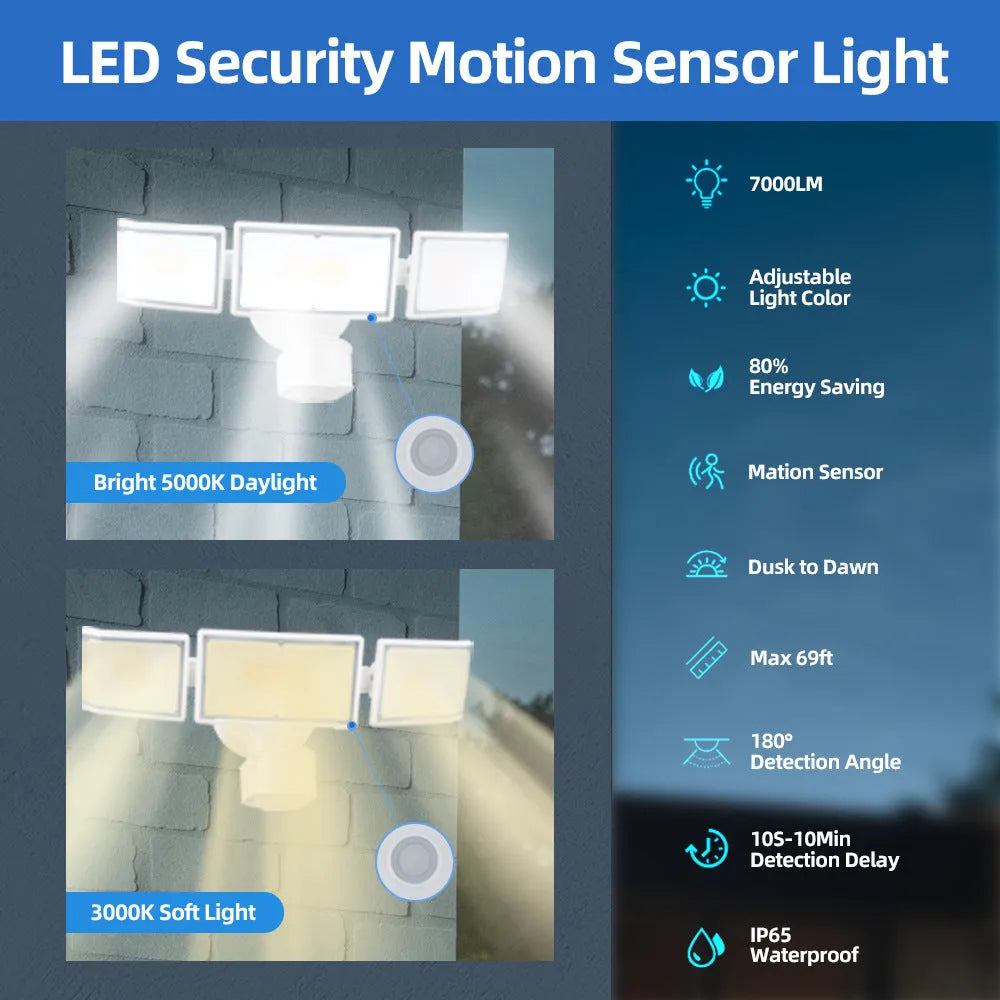 White or black outdoor LED security flood light with motion sensor on wall or ceiling.