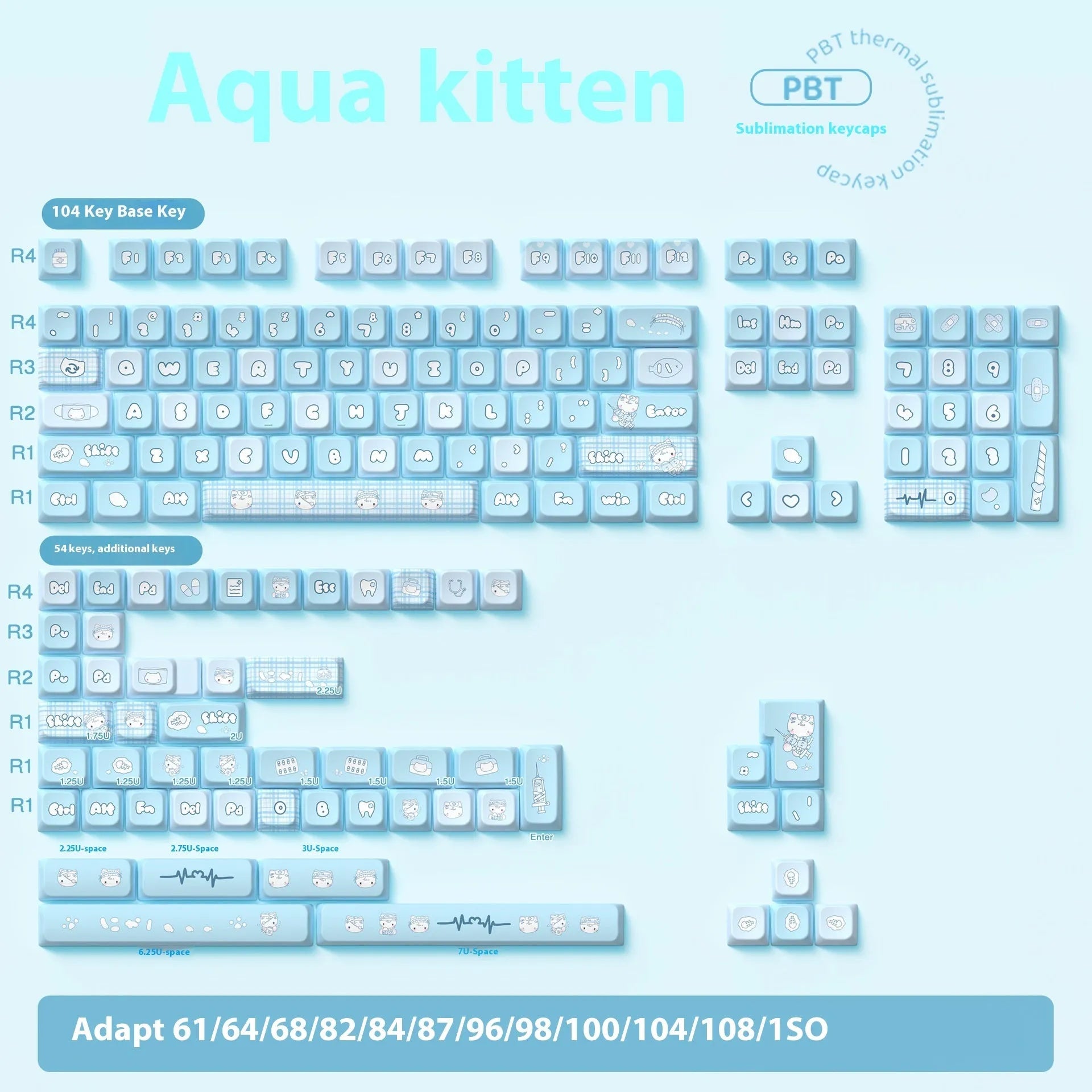 Custom watercolour cat design mechanical keyboard keycap set in PTB material, showing colourful artwork.