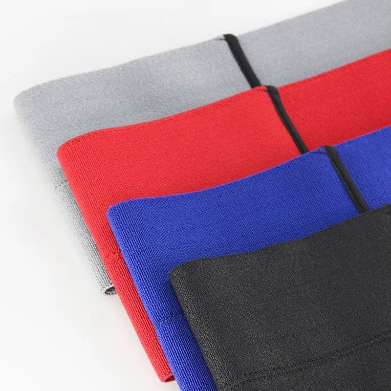 Elastic elbow support bandage for fitness and boxing, shown in black, blue, grey, and red colour options.