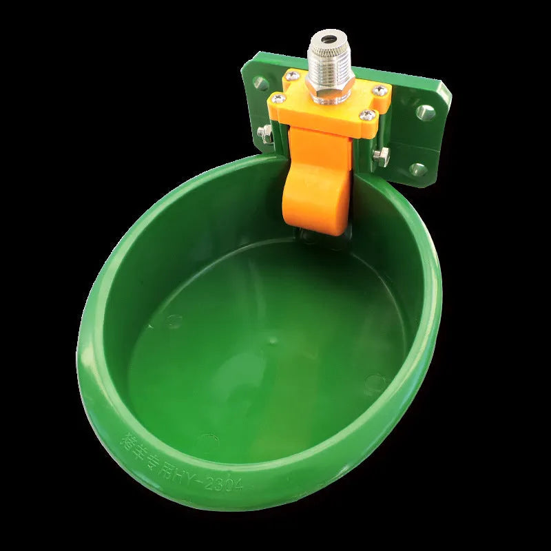 Green plastic livestock drinking bowl with auto water nozzle for farm troughs