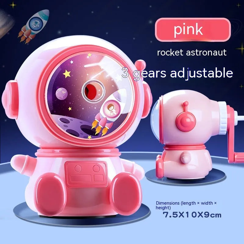 Blue astronaut pencil sharpener with manual operation and anti-jam mechanism