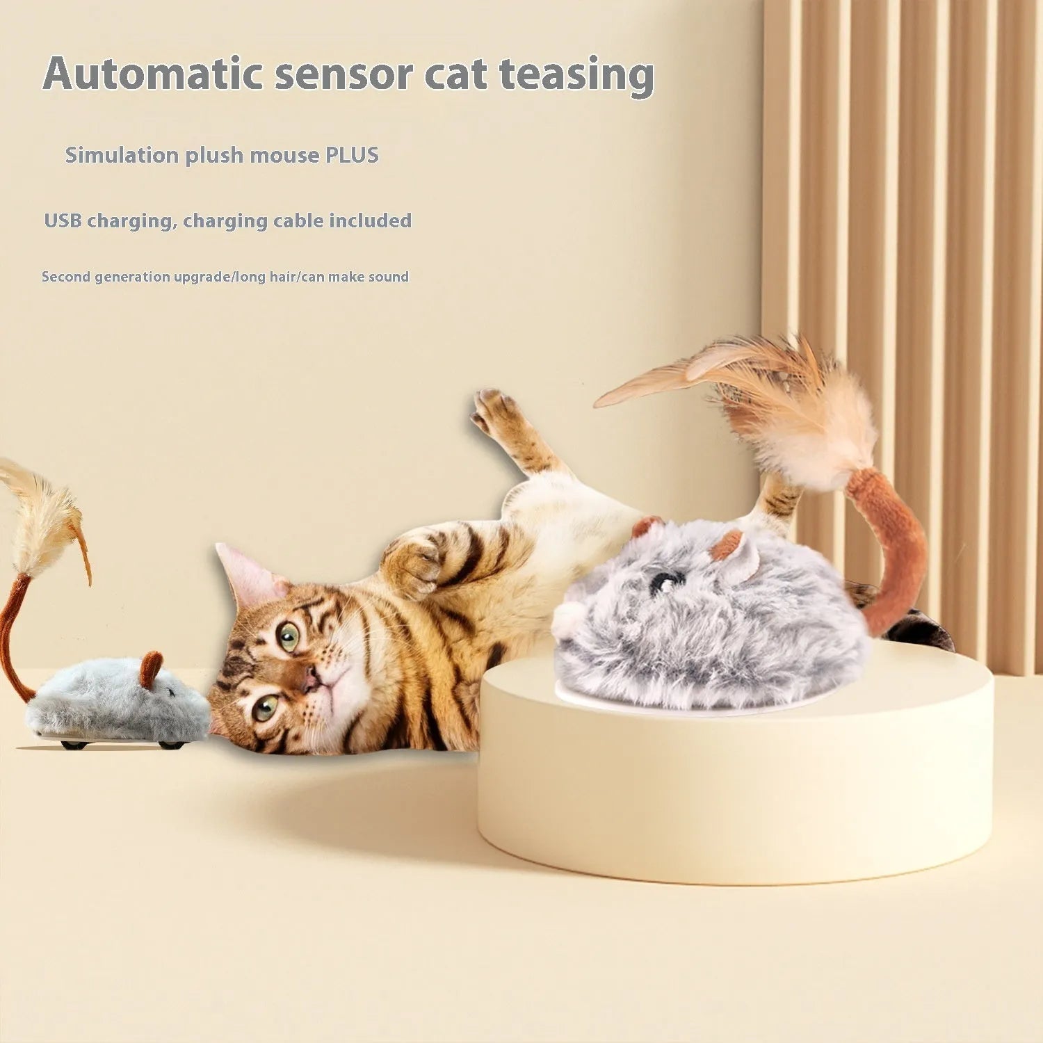 Electric plush mouse cat toy in pink, shown with a Type-C charging cable.